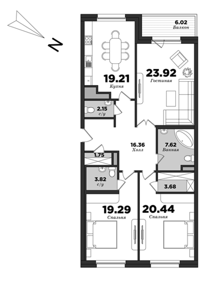 Крестовский De Luxe, Корпус 10, 3 спальни, 121.25 м² | планировка элитных квартир Санкт-Петербурга | М16